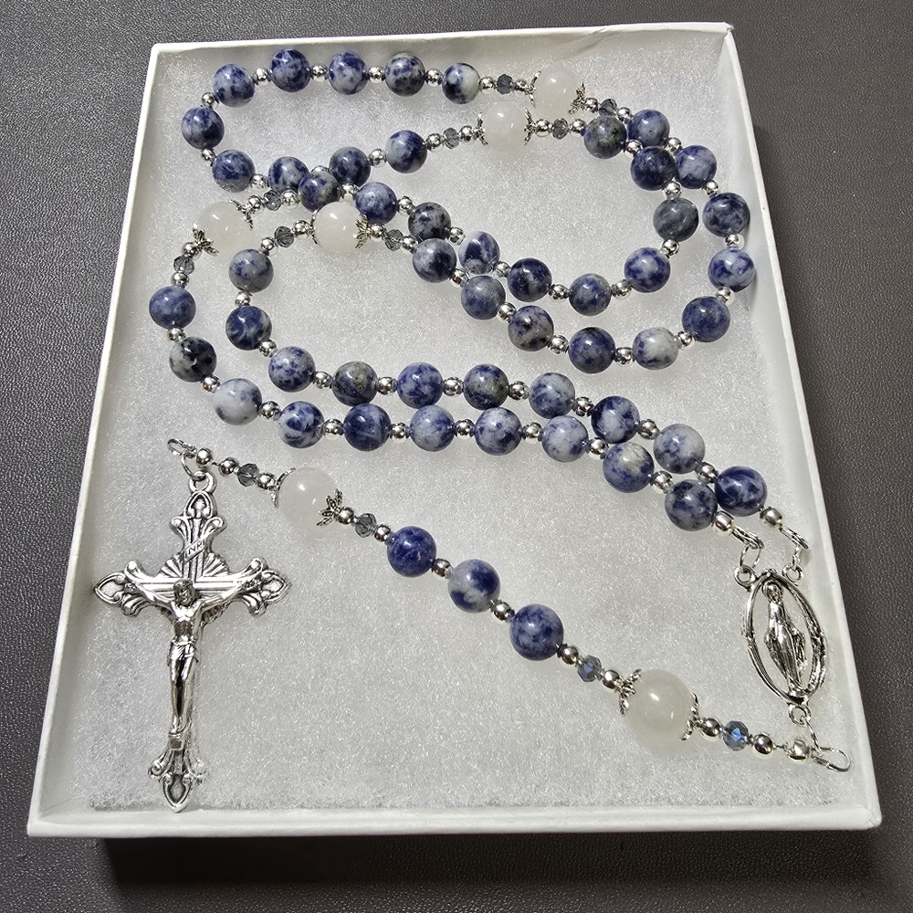 Large One Of A Kind Hand Crafted Rosary Made Blue Spot Jasper And White Jade